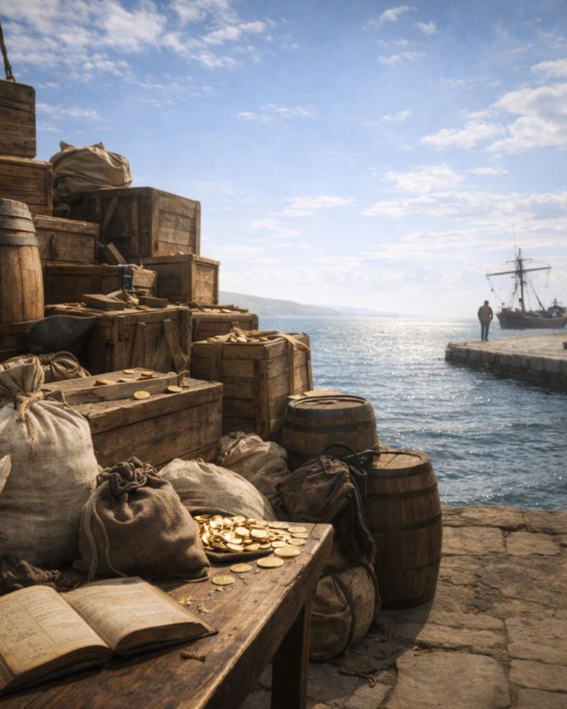 コロンブスの名言9選–挑戦の原点「富は人を豊かにしない。ただ人を忙しくするだけだ。」この名言のイメージイラスト