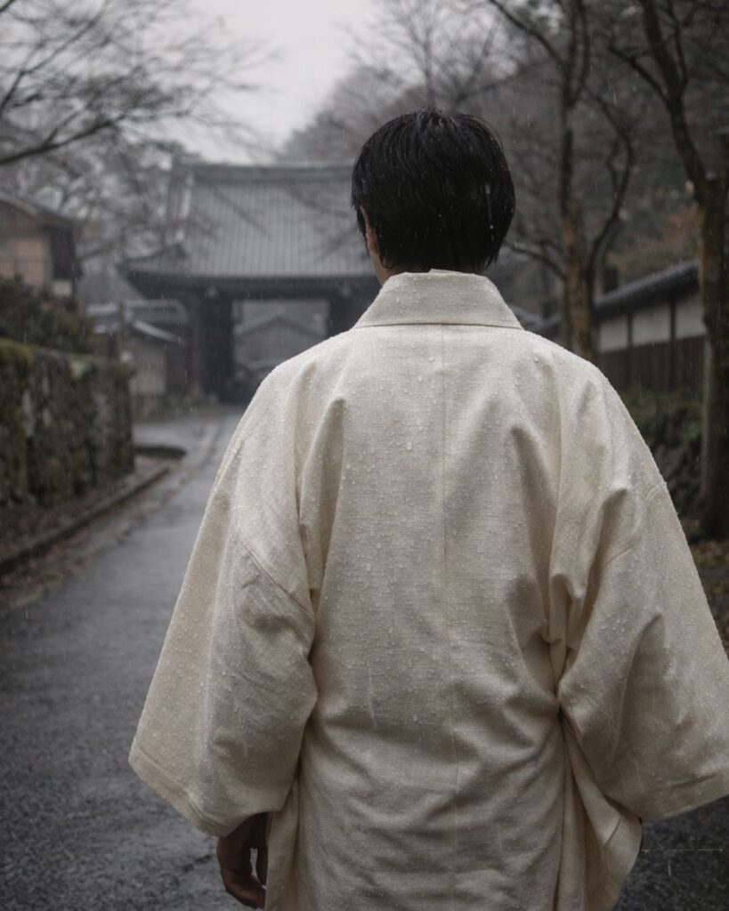 森川許六の冬の俳句5選-代表作をわかりやすく解説！「あたらしき　紙子にかかる　しぐれかな」この俳句をイメージした画像