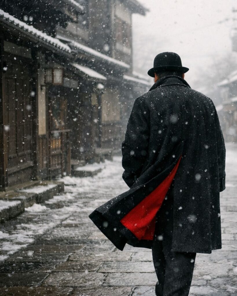 山口青邨の冬の俳句5選-代表作をわかりやすく解説！「外套の　裏は緋なりき　明治の雪」この俳句をイメージした画像