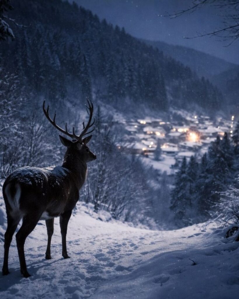 炭太祇の冬の俳句5選-代表作をわかりやすく解説！「里へ出る　鹿の背高し　雪明り」この俳句をイメージした画像