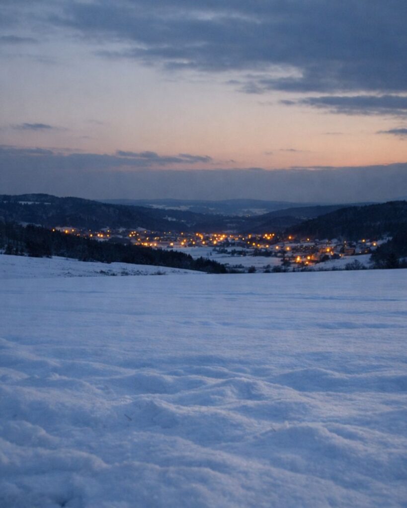 中村憲吉の冬の短歌5選-代表作をわかりやすく解説!「雪野原 とほき窪みに 晃らかに 夕さり来れば 町の灯が見ゆ」この短歌をイメージした画像