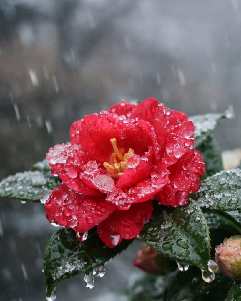 河東碧梧桐の冬の俳句5選-代表作をわかりやすく解説！「山茶花に あるは霙の 降る日かな」この俳句をイメージした画像