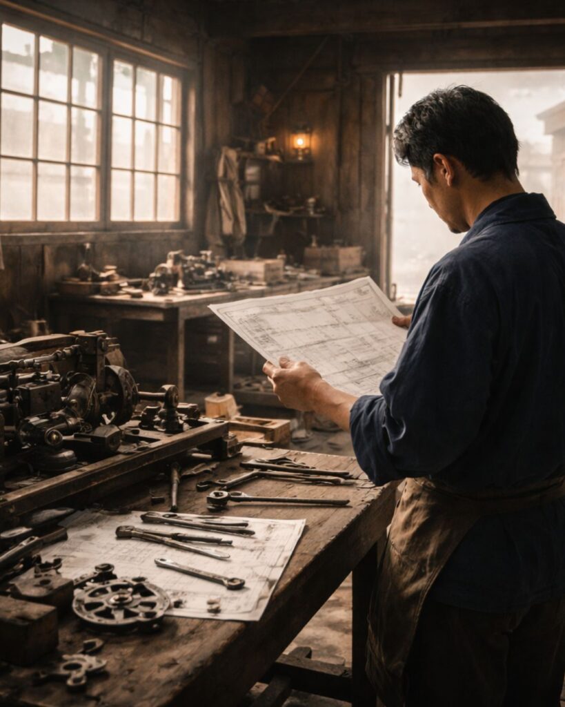 豊田佐吉の名言9選–努力が道を拓く「仕事は人に与えられるものではなく、自らつくるものだ。」この名言のイメージイラスト