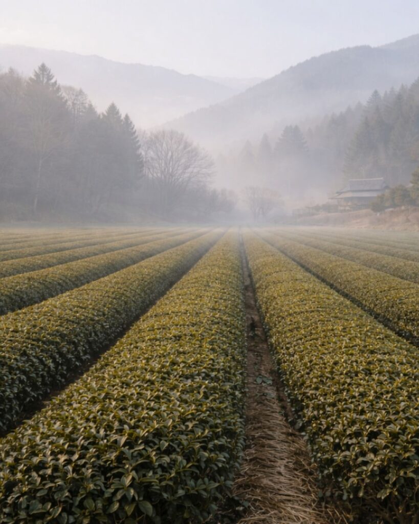 富安風生の冬の俳句5選-代表作をわかりやすく解説！「冬霞　茶の木畑に　出てみれば」この俳句をイメージした画像