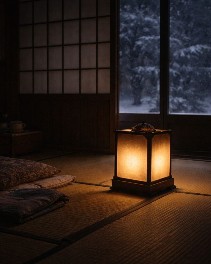 越智越人の冬の俳句5選-代表作をわかりやすく解説！「行燈の　煤けぞ寒き　雪のくれ」この俳句をイメージした画像