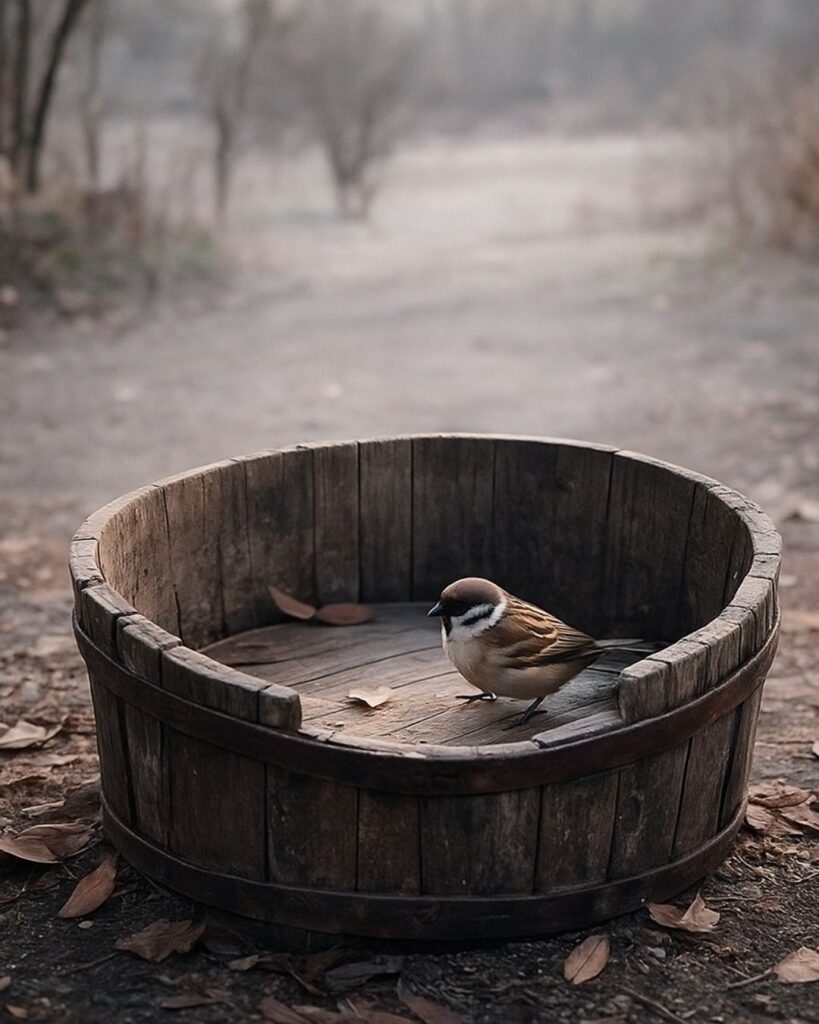 炭太祇の冬の俳句5選-代表作をわかりやすく解説！「冬枯れや　雀のあるく　桶の中」この俳句をイメージした画像