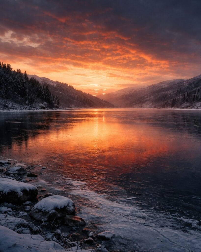 島木赤彦の冬の短歌5選-代表作をわかりやすく解説！「夕焼空 焦げきはまれる 下にして 氷らんとする 湖のしづけさ」この短歌をイメージした画像