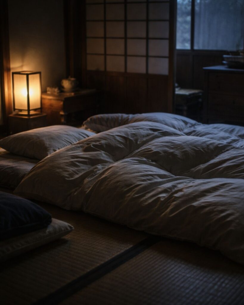 飯田蛇笏の冬の俳句5選-代表作をわかりやすく解説！「冬の果　蒲団にしづむ　夜の疲れ」この俳句をイメージした画像