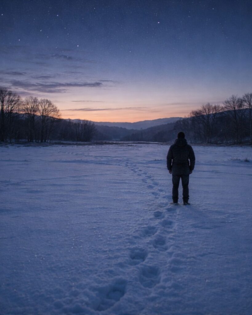 中村憲吉の冬の短歌5選-代表作をわかりやすく解説!「年の立つ あかとき起きの 星のかげ 堅きゆきをふみて 心ととのふ」この短歌をイメージした画像