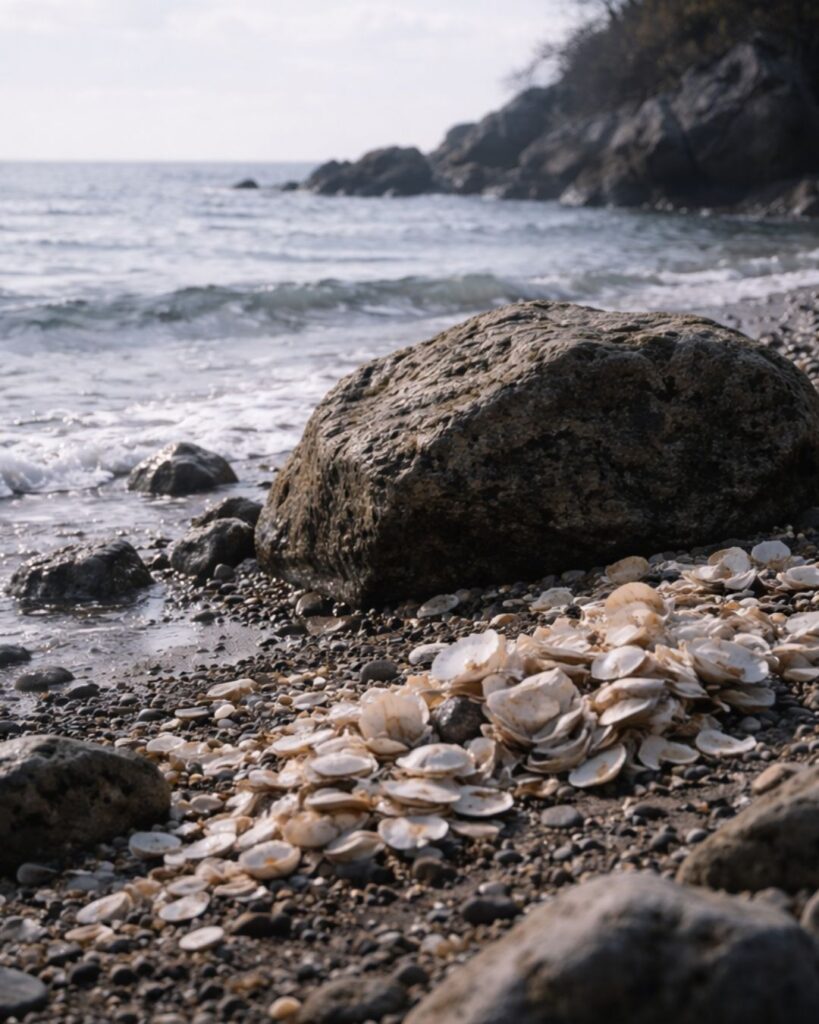 河東碧梧桐の冬の俳句5選-代表作をわかりやすく解説！「牡蠣殻や　磯に久しき　岩一つ」この俳句をイメージした画像