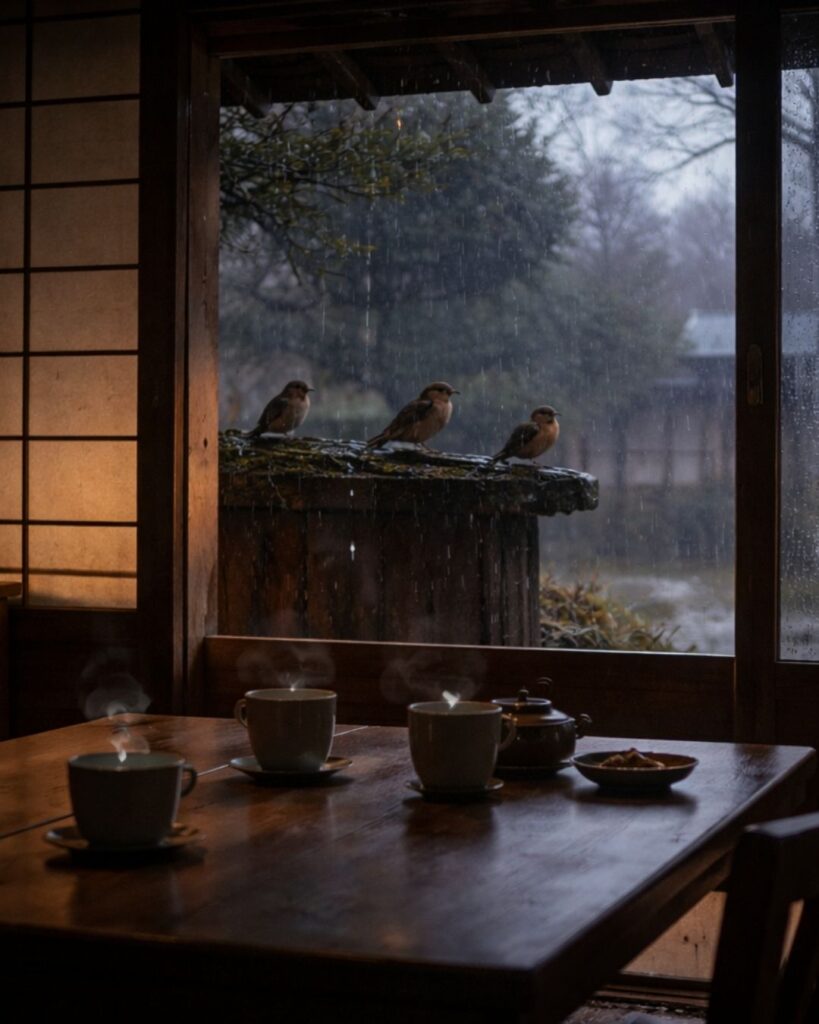 各務支考の冬の俳句5選-代表作をわかりやすく解説！「食堂に　雀啼なり　夕時雨」この俳句をイメージした画像