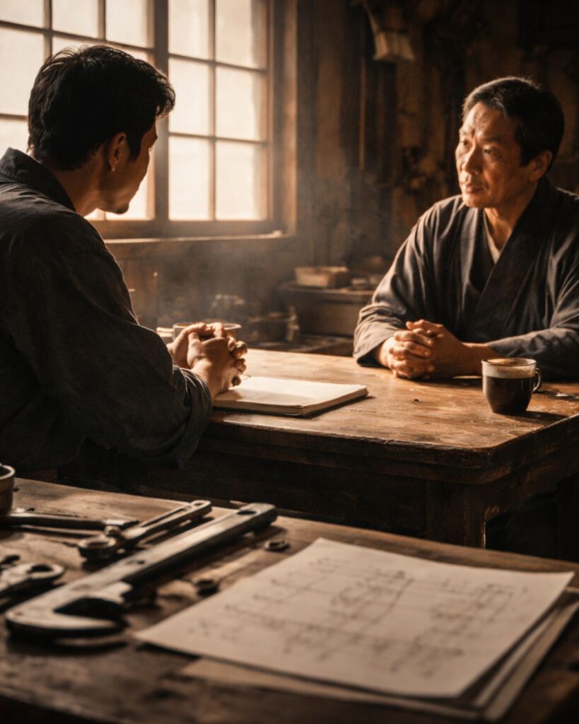 豊田佐吉の名言9選–努力が道を拓く「金は借りやすさで選ぶな。人を見て借りよ。」この名言のイメージイラスト