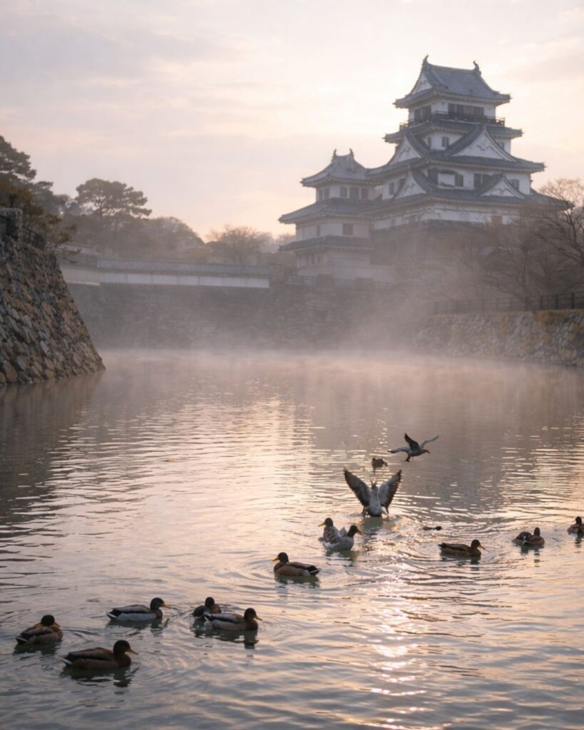 森川許六の冬の俳句5選-代表作をわかりやすく解説！「明方や　城をとりまく　鴨の声」この俳句をイメージした画像