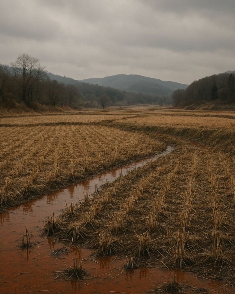炭太祇の冬の俳句5選-代表作をわかりやすく解説！「雨水も　赤くさびゆく　冬田かな」この俳句をイメージした画像