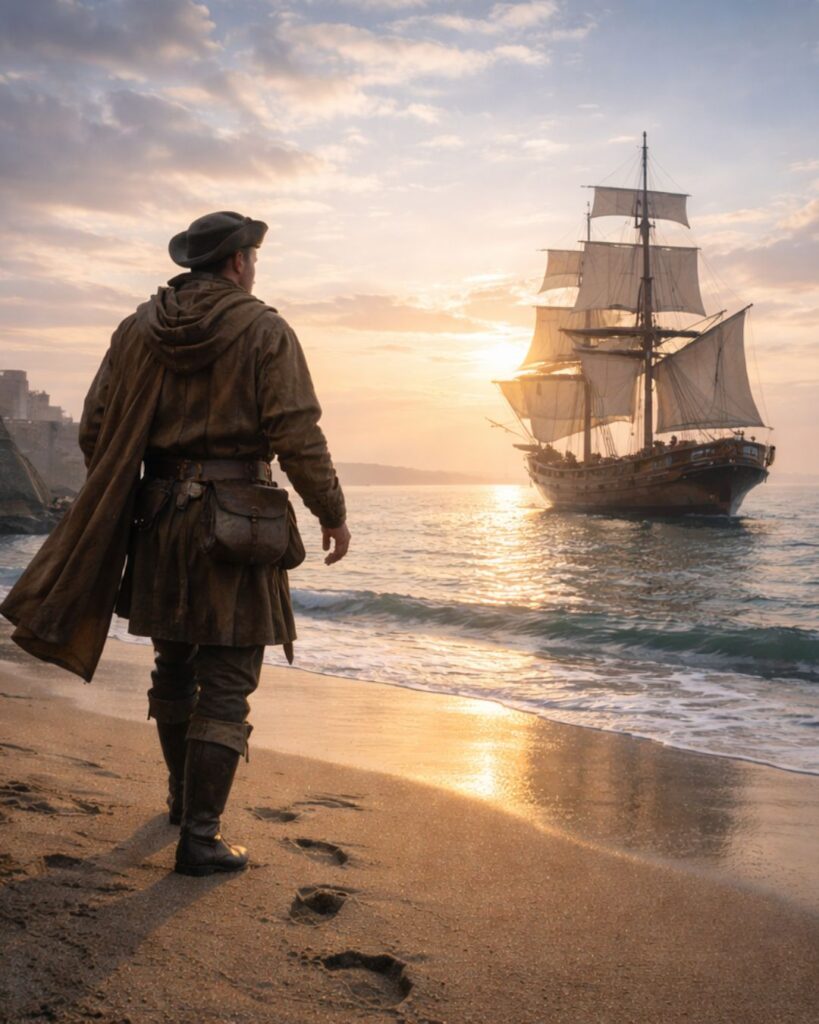 コロンブスの名言9選–挑戦の原点「誰にでもできることでも、最初の一歩にはひらめきと勇気が要る。」この名言のイメージイラスト