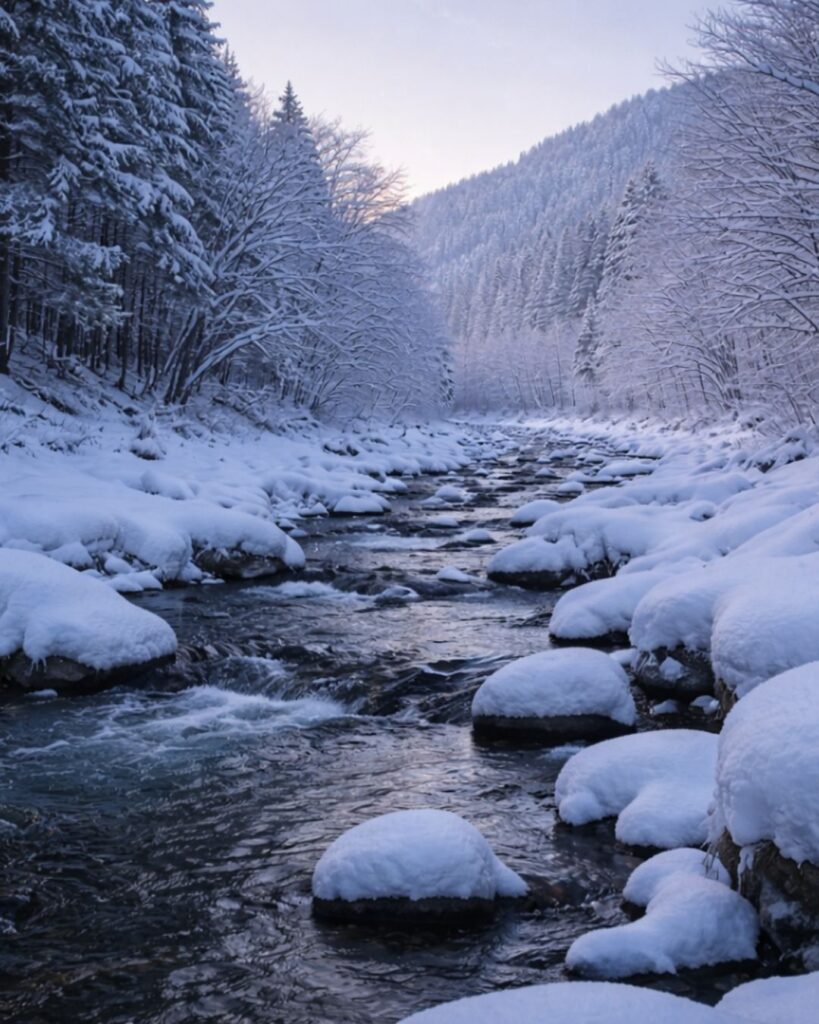 中村憲吉の冬の短歌5選-代表作をわかりやすく解説!「雪ふかく 積りし朝は 山かひの 川上の瀬に 音のしづけさ」この短歌をイメージした画像