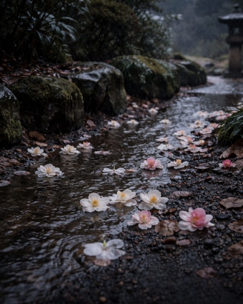 長塚節の冬の短歌5選-代表作をわかりやすく解説！「山茶花の はかなき花は 雨故に 土には散りて 流されにけり」この短歌をイメージした画像