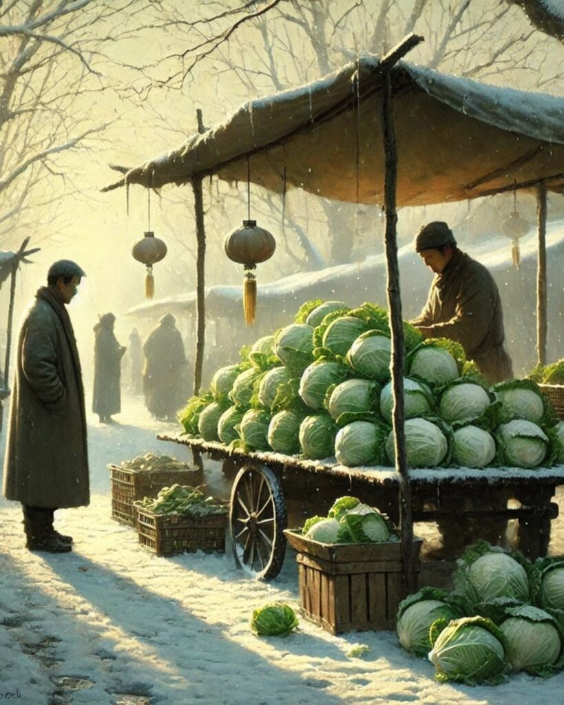 中村汀女の冬の俳句5選-代表作をわかりやすく解説！「白菜の　山に身を入れ　目で数ふ」この俳句をイメージした画像