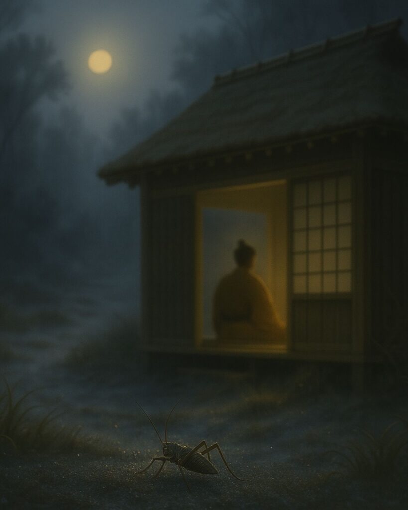 百人一首第91番 九条良経『きりぎりす』背景解説–霜夜のひとり寝「きりぎりす　鳴くや霜夜の　さむしろに　衣かたしき　ひとりかも寝む」の情景をテーマにしたイメージの画像
