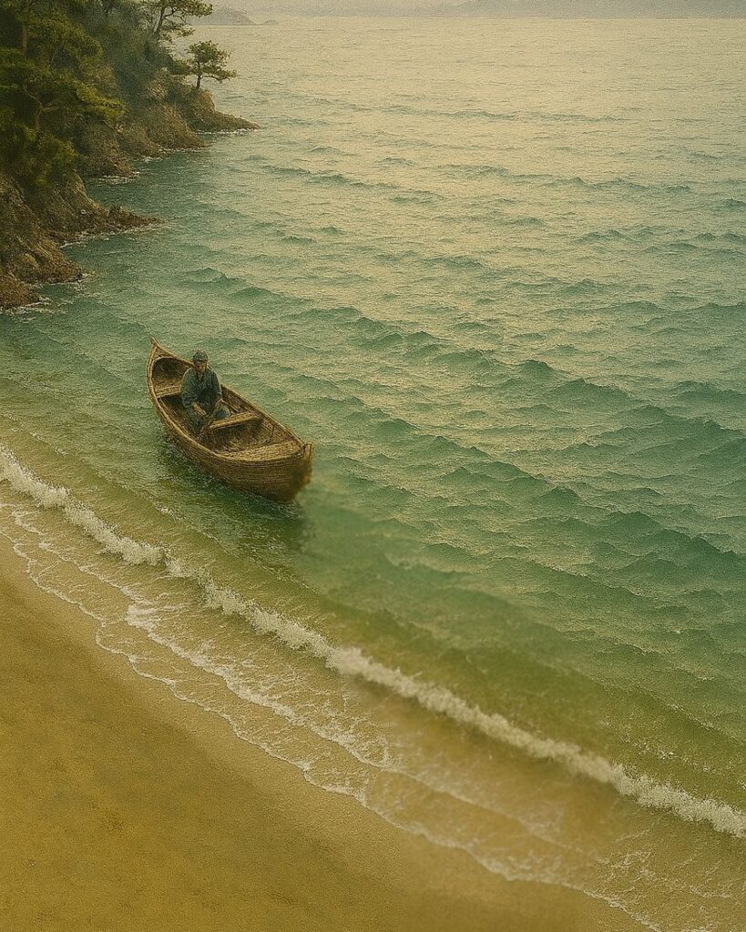 百人一首第93番 源実朝『世の中は』背景解説–常ならぬ世「世の中は　常にもがもな　渚漕ぐ　海人の小舟の　綱手かなしも」の情景をテーマにしたイメージの画像
