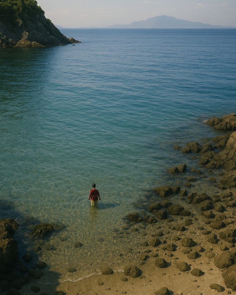 百人一首第90番 殷富門院大輔『見せばやな』背景解説–変はらぬ色「見せばやな　雄島の海人の　袖だにも　濡れにぞ濡れし　色は変はらず」の情景をテーマにした和歌とイメージの画像
