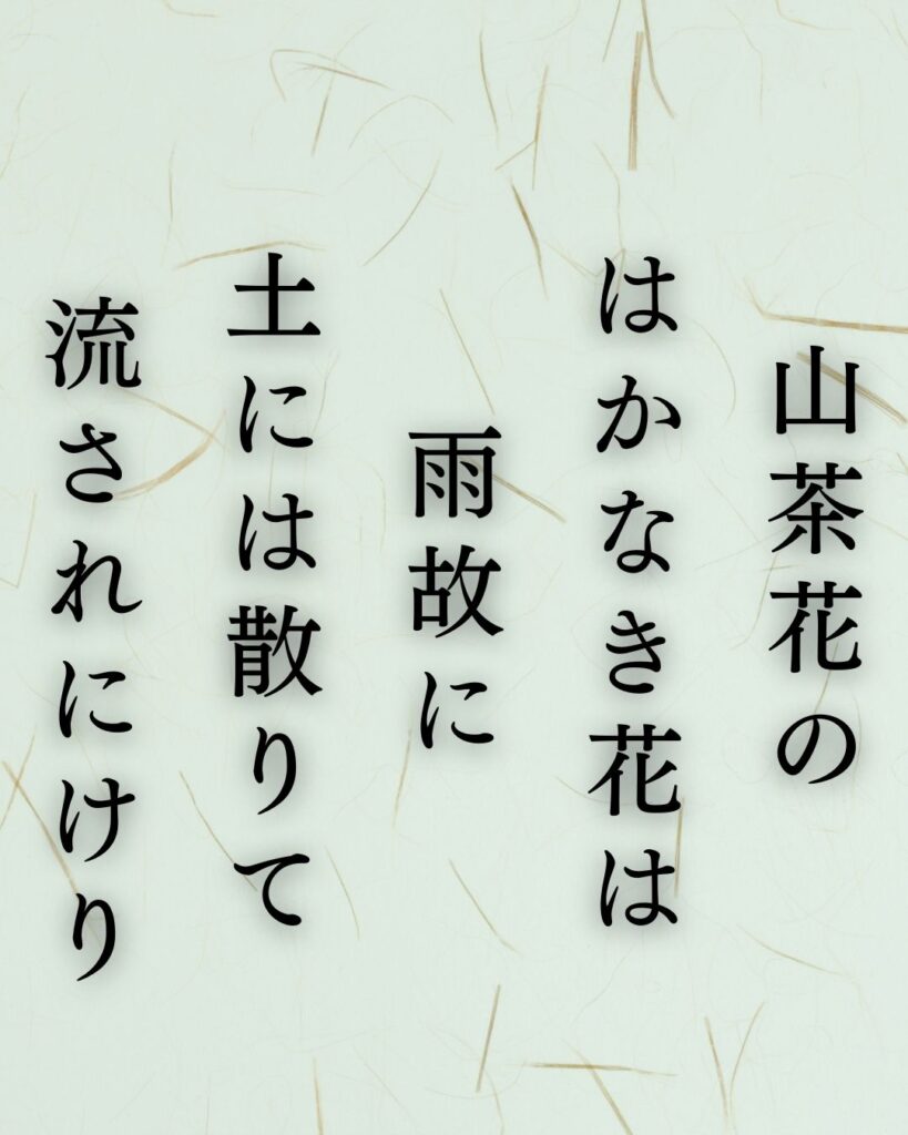 長塚節の冬の短歌5選-代表作をわかりやすく解説！「山茶花の はかなき花は 雨故に 土には散りて 流されにけり」この短歌を記載した画像