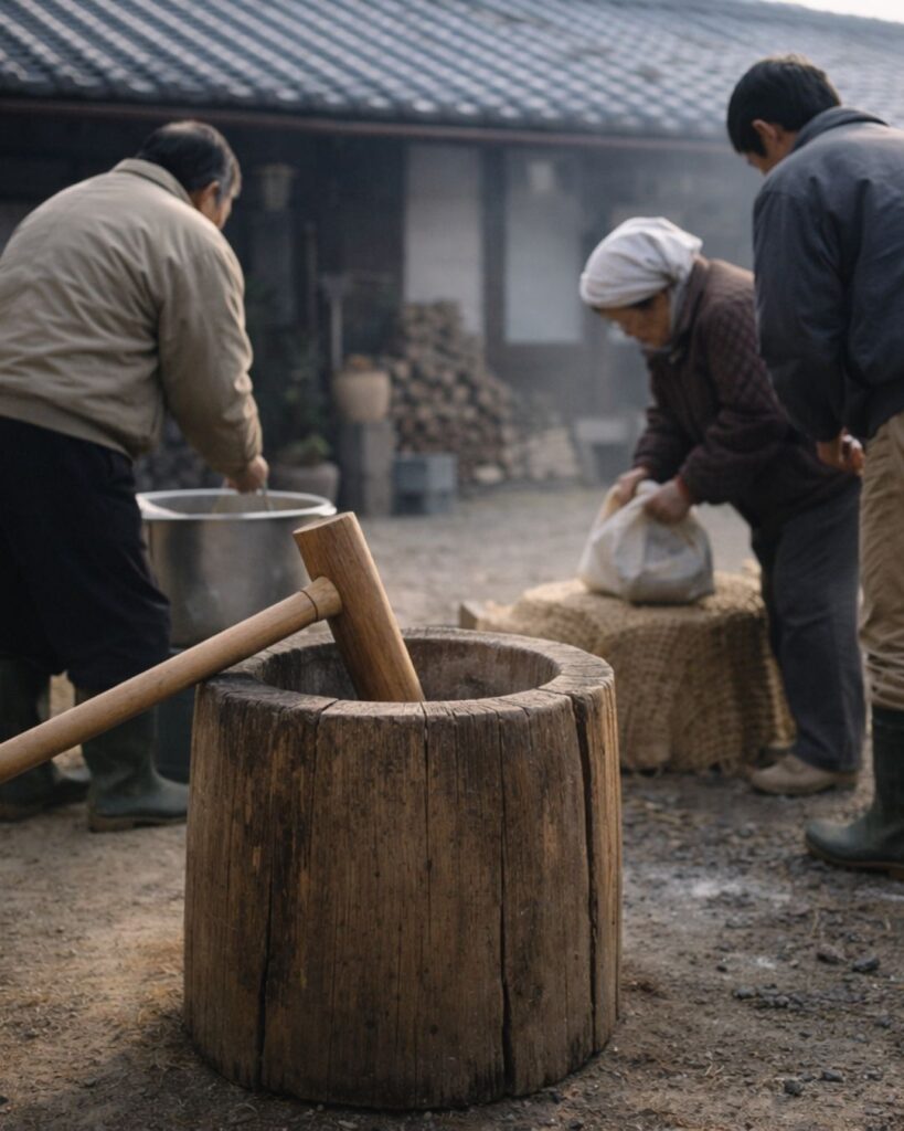 森川許六の冬の俳句5選-代表作をわかりやすく解説！「もちつきや　下戸三代の　ゆずり臼」この俳句をイメージした画像