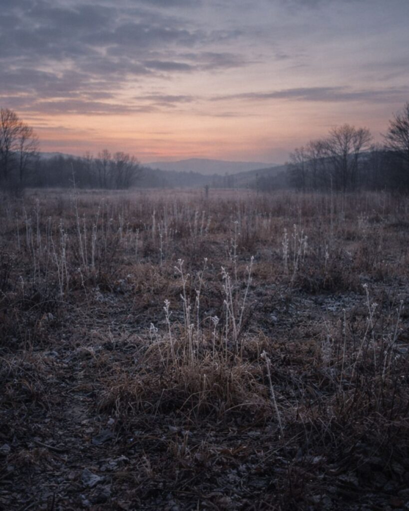 島木赤彦の冬の短歌5選-代表作をわかりやすく解説！「冬の木の　白き茎立　ほのぼのし　夕日ののちの　野にみだれ見ゆ」この短歌をイメージした画像