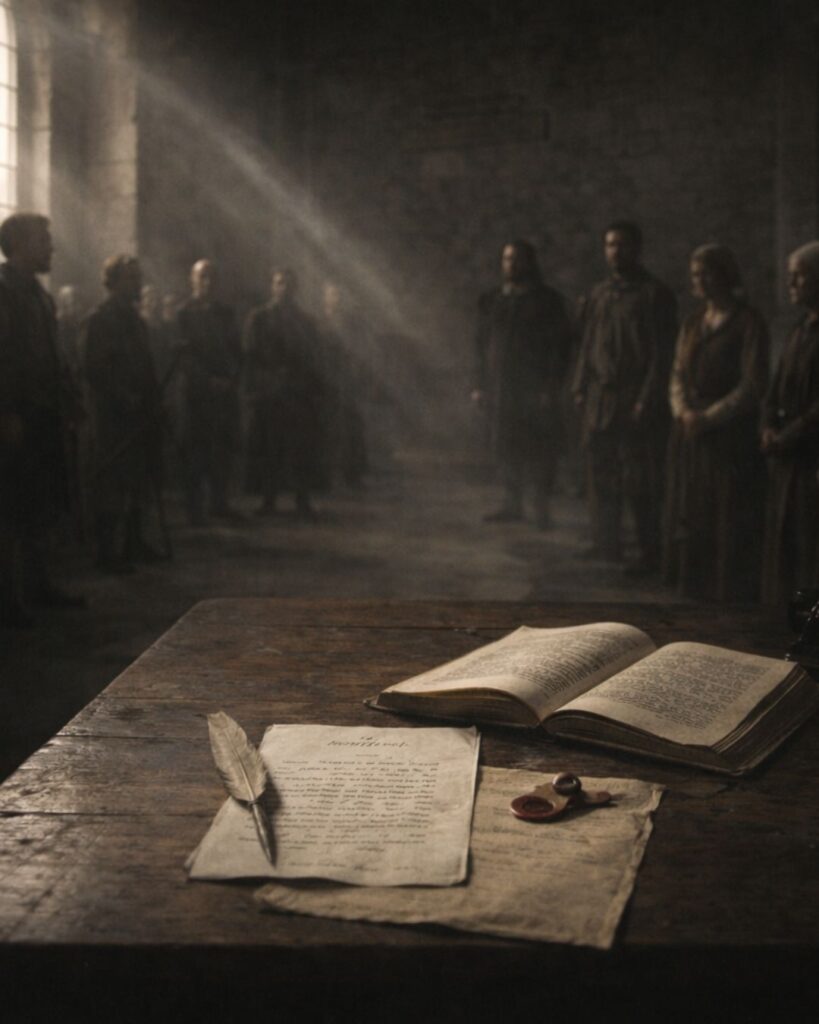 トマス・ホッブズの名言9選–安全と恐れの哲学「正義と不正は、法の成立によって初めて生じる。」この名言のイメージイラスト