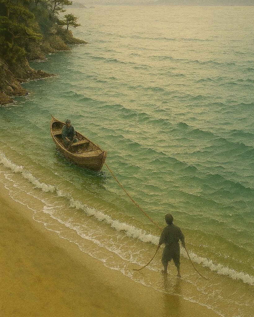 百人一首第93番 源実朝『世の中は』背景解説–常ならぬ世「世の中は　常にもがもな　渚漕ぐ　海人の小舟の　綱手かなしも」の情景をテーマにしたイメージの画像
