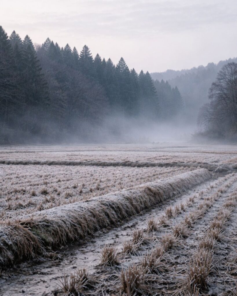 長塚節の冬の短歌5選-代表作をわかりやすく解説！「をちかたの 林もおほに 冬の田に 霞わたれり 霜いたくふりて」この短歌をイメージした画像