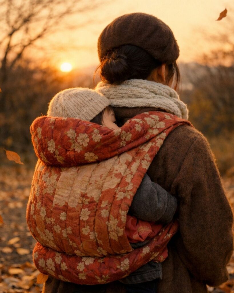 中村汀女の冬の俳句5選-代表作をわかりやすく解説！「ねんねこに　母子温くしや　夕落葉」この俳句をイメージした画像