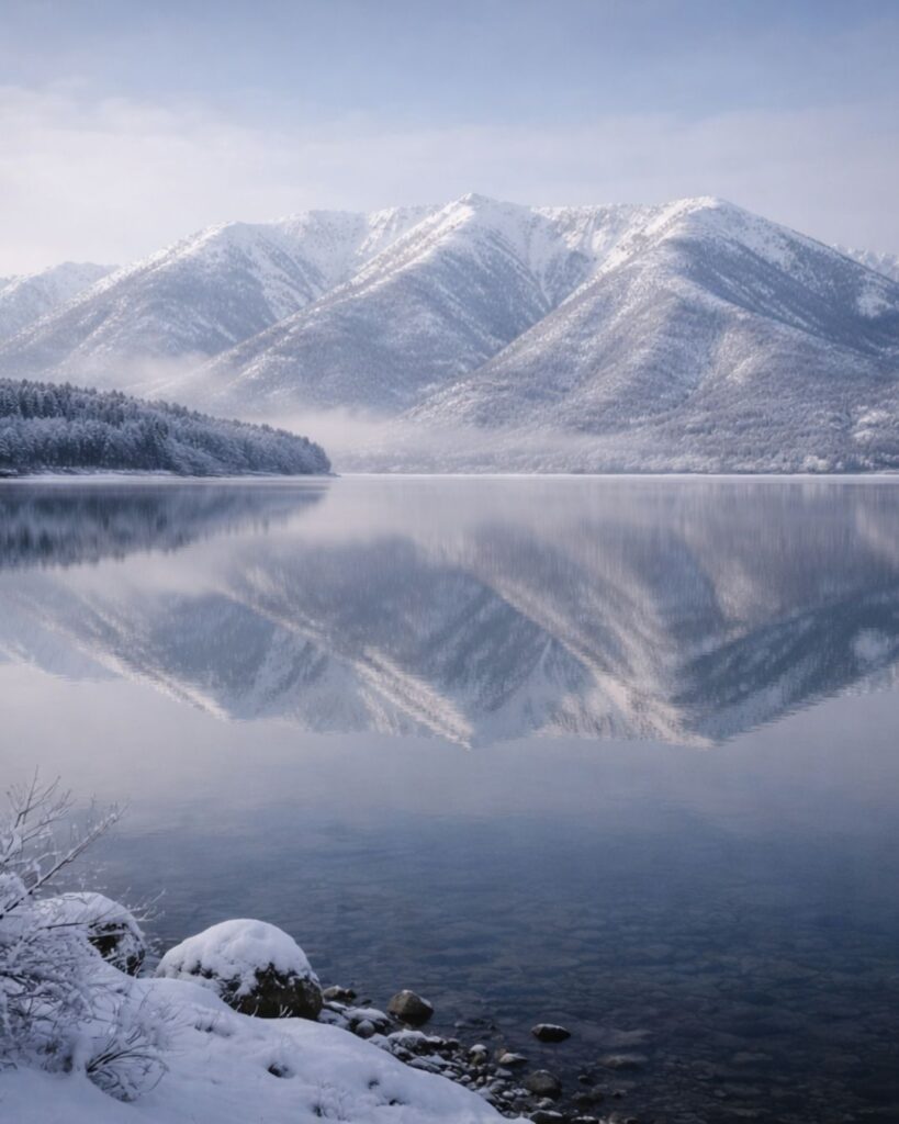 各務支考の冬の俳句5選-代表作をわかりやすく解説！「湖の　鏡に寒し　比良の雪」この俳句をイメージした画像