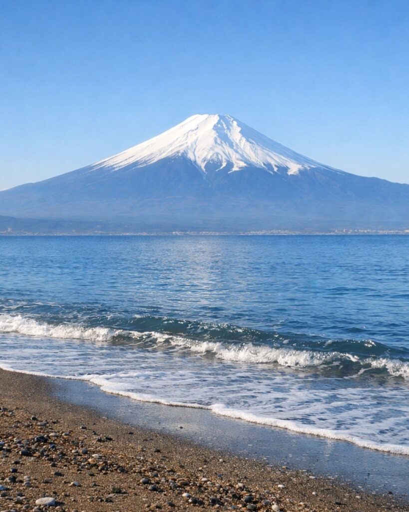 富安風生の冬の俳句5選-代表作をわかりやすく解説！「初富士の　大きかりける　汀かな」この俳句をイメージした画像