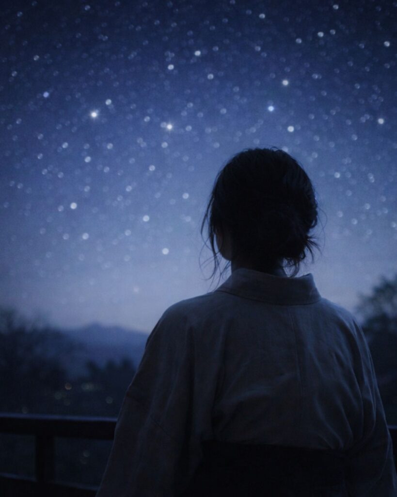 与謝野晶子の春の短歌5選vol.2–代表作をわかりやすく解説!「夜の帳に ささめき尽きし 星の今を 下界の人の 鬢のほつれよ」この短歌をイメージした画像