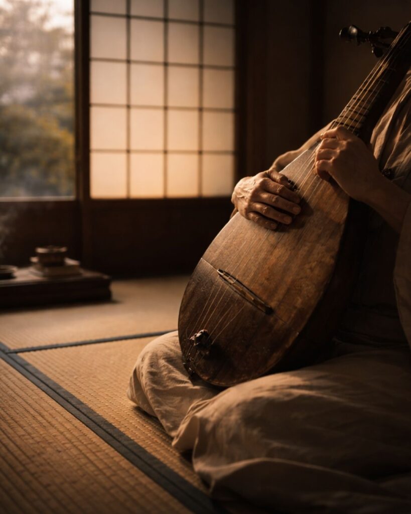 与謝蕪村の春の俳句5選vol.2-代表作をわかりやすく解説!「ゆく春や おもたき琵琶の 抱心」この俳句をイメージした画像