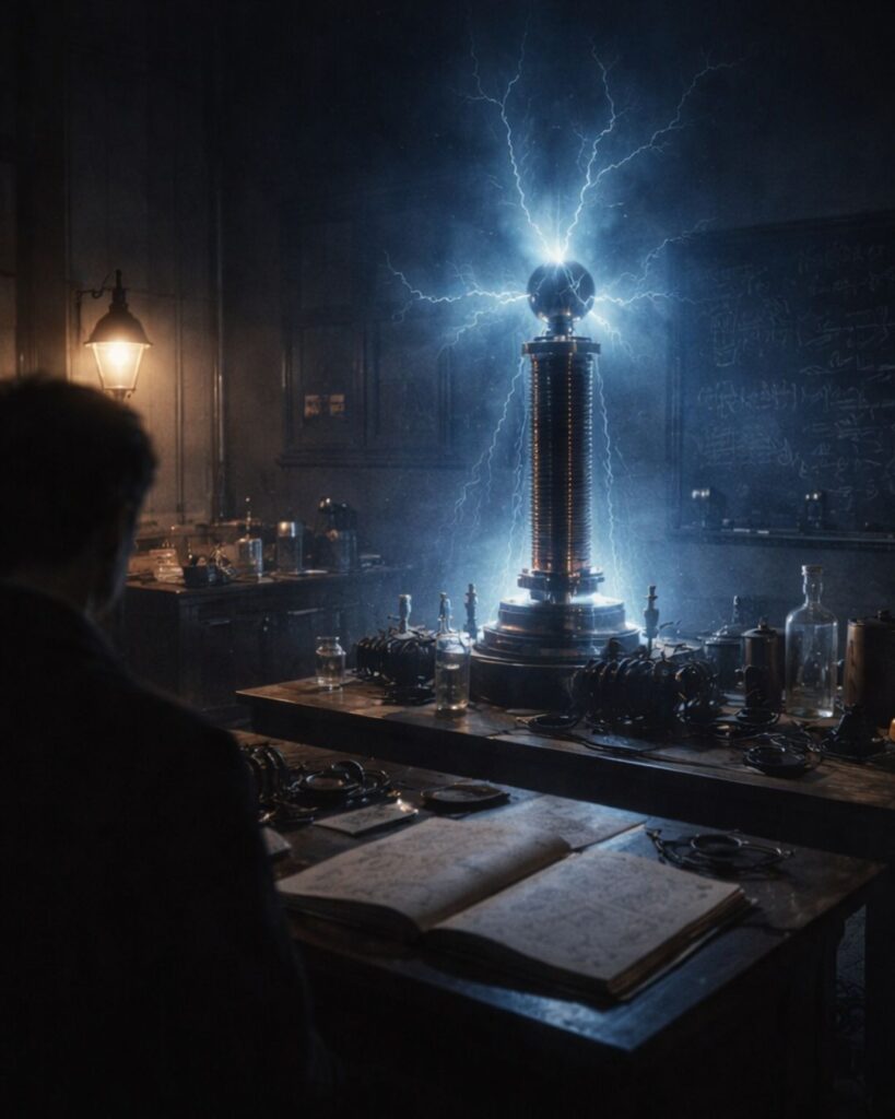 ニコラ・テスラの名言9選–未来を照らす思考「ある者が神と呼ぶものを、別の者は物理法則と呼ぶ。」この名言のイメージイラスト