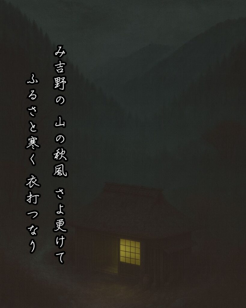 百人一首第94番 飛鳥井雅経『み吉野の』背景解説–吉野の寒夜「み吉野の　山の秋風　さよ更けて　ふるさと寒く　衣打つなり」の情景をテーマにした和歌とイメージの画像
