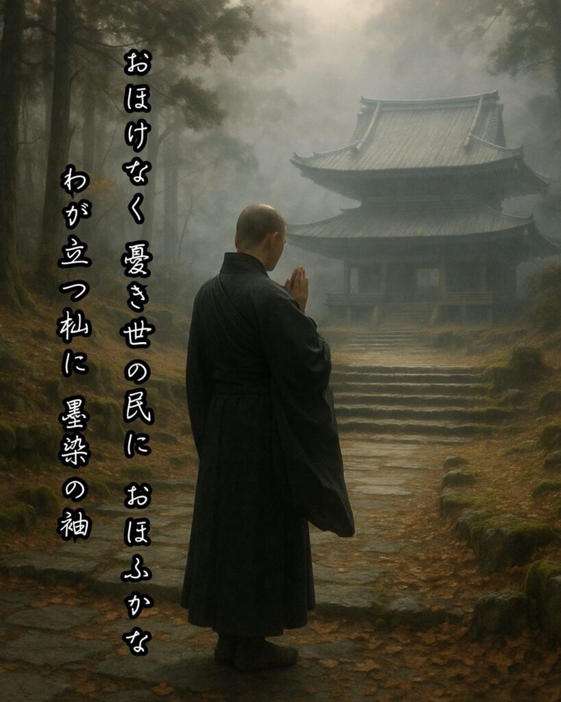 百人一首第95番 慈円『おほけなく』背景解説–憂き世を救ふ「おほけなく　憂き世の民に　おほふかな　わが立つ杣に　墨染の袖」の情景をテーマにした和歌とイメージの画像
