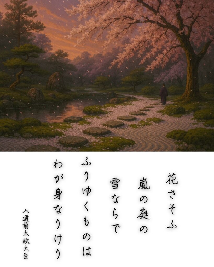 百人一首第96番 西園寺公経『花さそふ』背景解説–花と無常「花さそふ　嵐の庭の　雪ならで　ふりゆくものは　わが身なりけり」の情景をテーマにした和歌とイメージの画像
