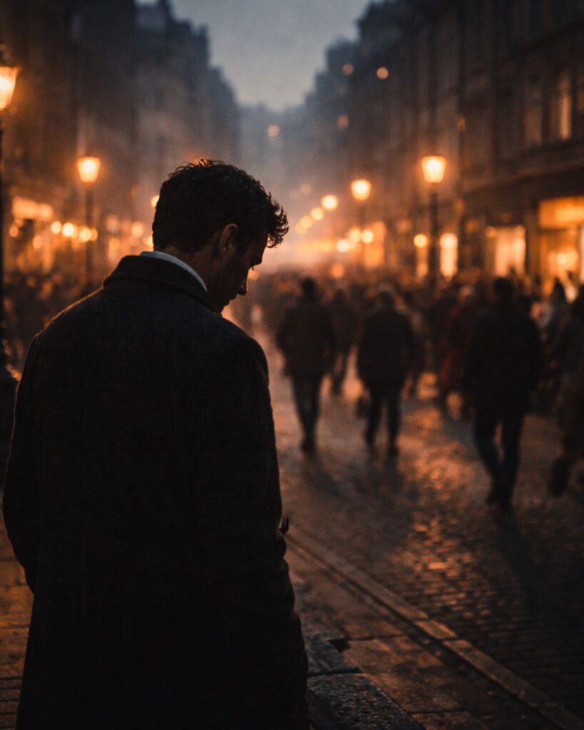 ニコラ・テスラの名言9選–未来を照らす思考「多くの人は外の世界の期待に追われ、自分の内面を見失っている。」この名言のイメージイラスト