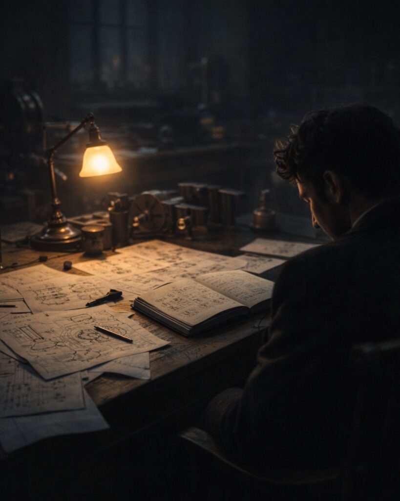 ニコラ・テスラの名言9選–未来を照らす思考「あまりにも多くの着想が浮かび、その一部しか形にできなかった。」この名言のイメージイラスト