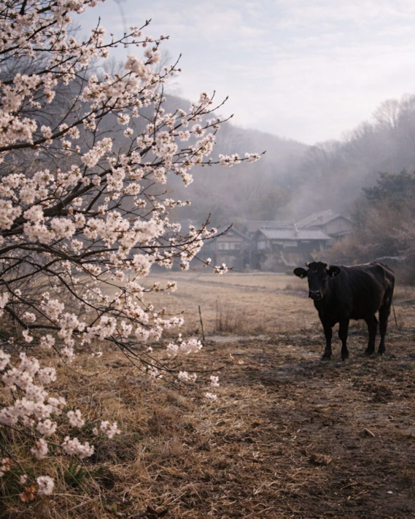 松尾芭蕉の春の俳句5選vol.2-代表作をわかりやすく解説！「此梅に 牛も初音と 鳴つべし」この俳句をイメージした画像