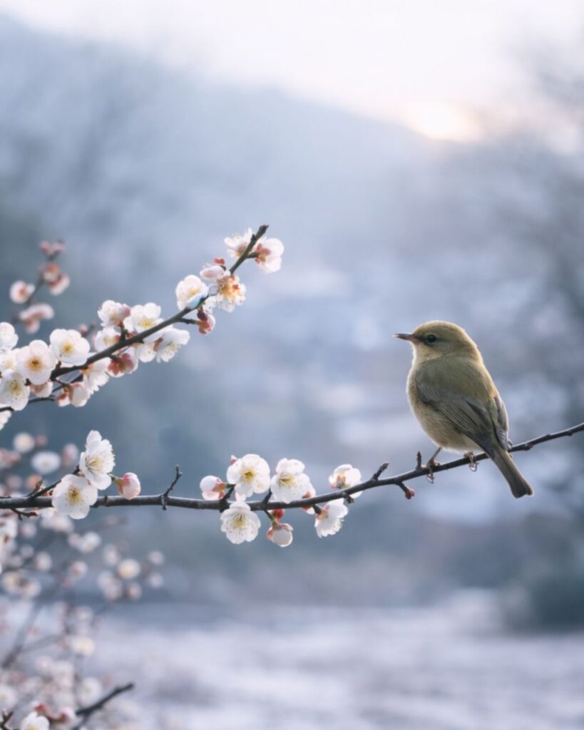 正岡子規の春の短歌5選vol.2 – 代表作をわかりやすく解説！「梅が枝に 始めてきなく 鶯の 春をしらする 法の一聲」この短歌をイメージした画像