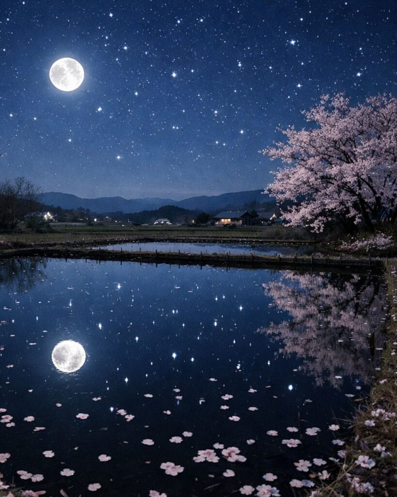 与謝蕪村の春の俳句5選vol.2-代表作をわかりやすく解説!「さくら散 苗代水や 星月夜」この俳句をイメージした画