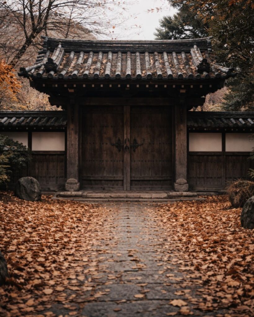 種田山頭火の冬の俳句5選-代表作をわかりやすく解説！「厳めしく　門立てり落葉　ふりやまず」この俳句をイメージした画像