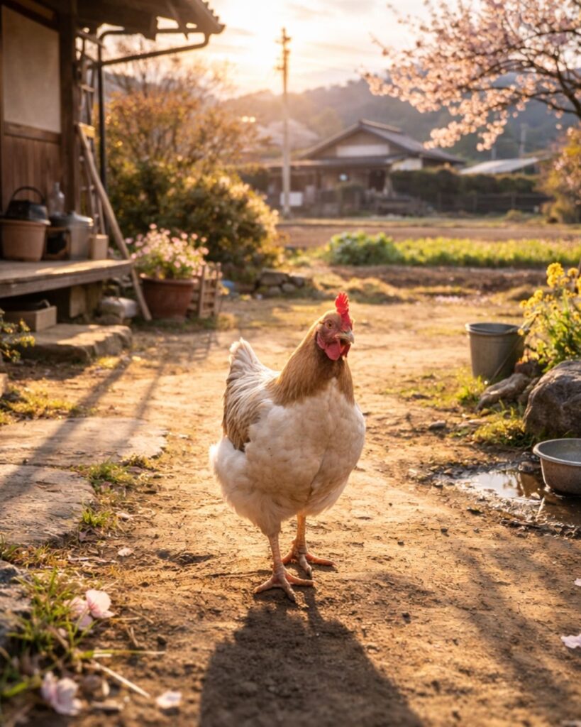 小林一茶の春の俳句5選vol.2-代表作をわかりやすく解説!「鶏の 人の皃見る 日永かな」この俳句をイメージした画像