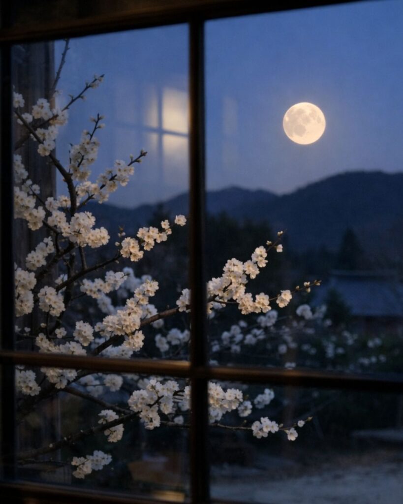 正岡子規の春の短歌5選vol.2 – 代表作をわかりやすく解説！「夕されば 東の峯に 月いでて 窓にうつれる 庭の白梅」この短歌をイメージした画像