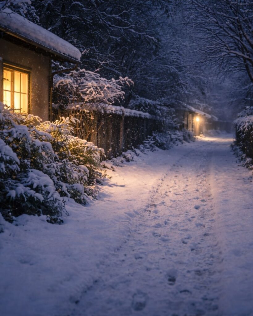 杉田久女の冬の俳句5選-代表作をわかりやすく解説!「雪道や 降誕祭の 窓明かり」この俳句をイメージした画像