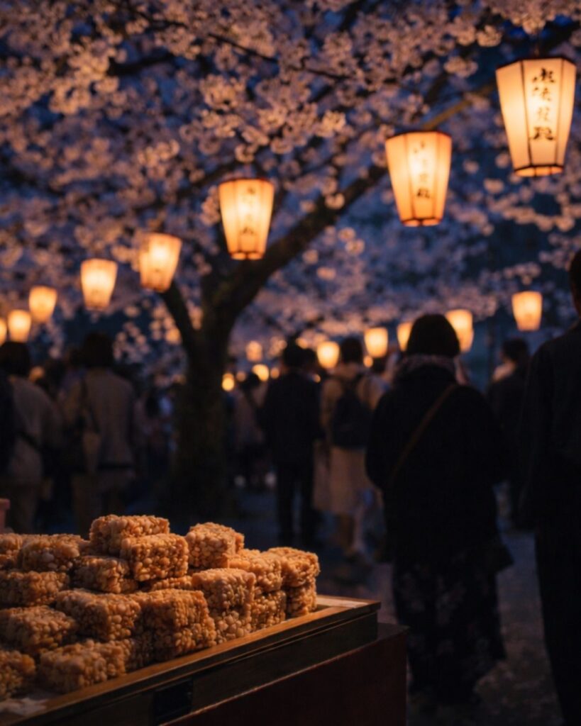 後藤夜半の春の俳句5選-代表作をわかりやすく解説!「夜櫻の ぼんぼりの字の 粟おこし」この俳句をイメージした画像